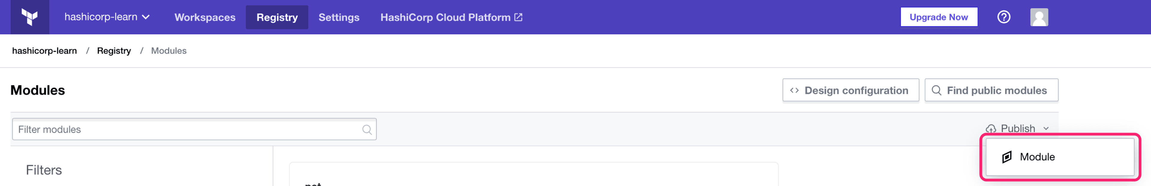 Terraform Cloud screenshot: the "registry" button and the "+Add Module" button